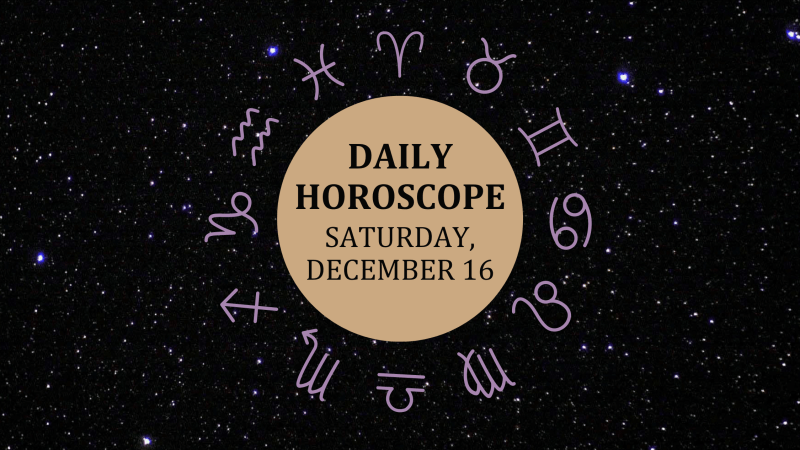 Zodiac wheel with text in the middle: "Daily Horoscope: Saturday, December 16"