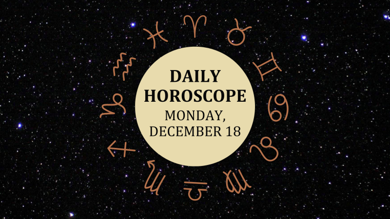 Zodiac wheel with text in the middle: "Daily Horoscope: Monday, December 18"