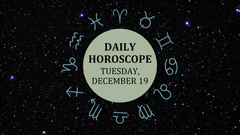 Zodiac wheel with text in the middle: "Daily Horoscope: Tuesday, December 19"