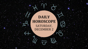 Zodiac wheel with text in the middle: "Daily Horoscope: Saturday, December 2"