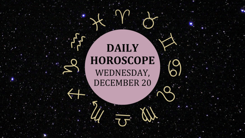 Zodiac wheel with text in the middle: "Daily Horoscope: Wednesday, December 20"