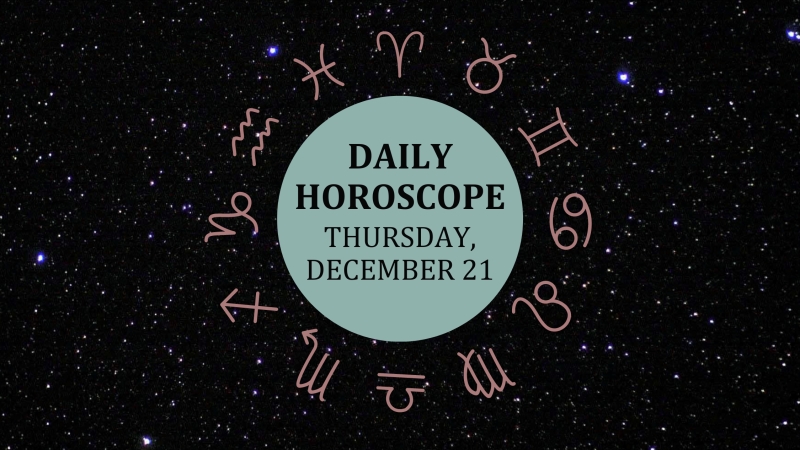 Zodiac wheel with text in the middle: "Daily Horoscope: Thursday, December 21"