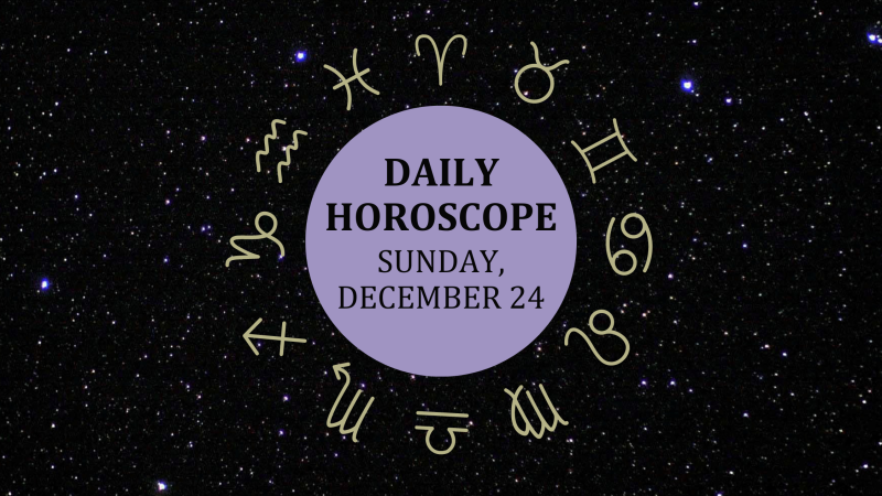 Zodiac wheel with text in the middle: "Daily Horoscope: Sunday, December 24"