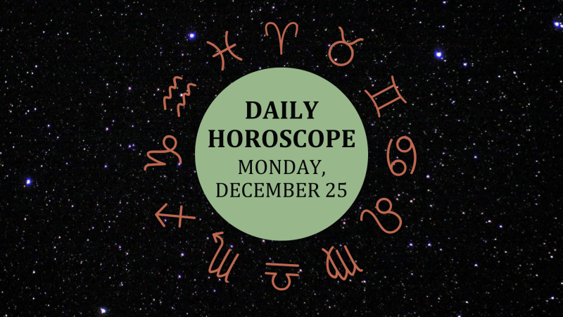 Zodiac wheel with text in the middle: "Daily Horoscope: Monday, December 25"
