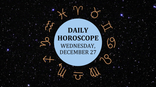Zodiac wheel with text in the middle: "Daily Horoscope: Wednesday, December 27"