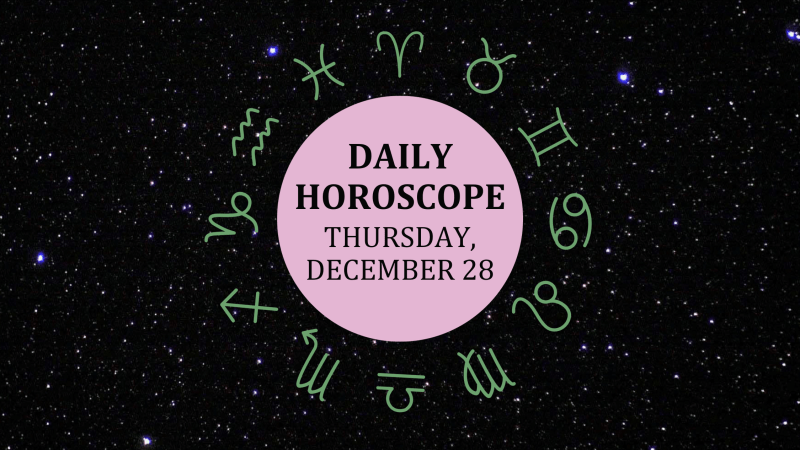 Zodiac wheel with text in the middle: "Daily Horoscope: Thursday, December 28"
