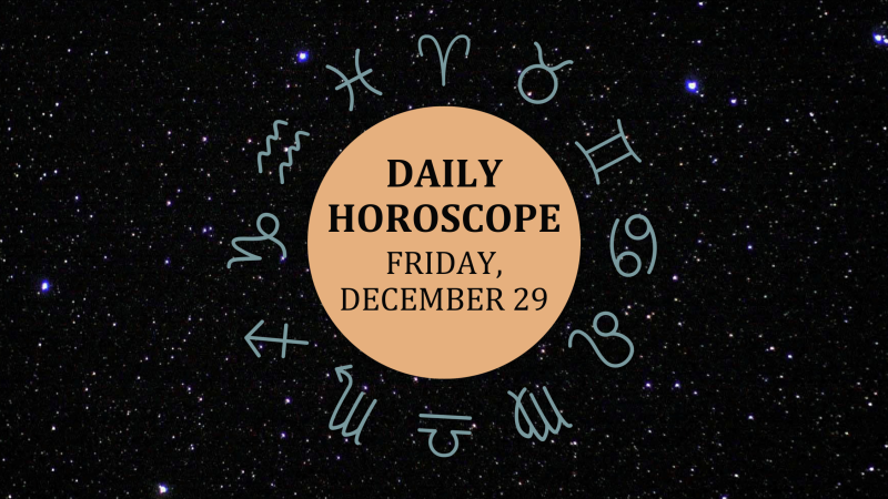 Zodiac wheel with text in the middle: "Daily Horoscope: Friday, December 29"