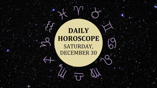 Zodiac wheel with text in the middle: "Daily Horoscope: Saturday, December 30"
