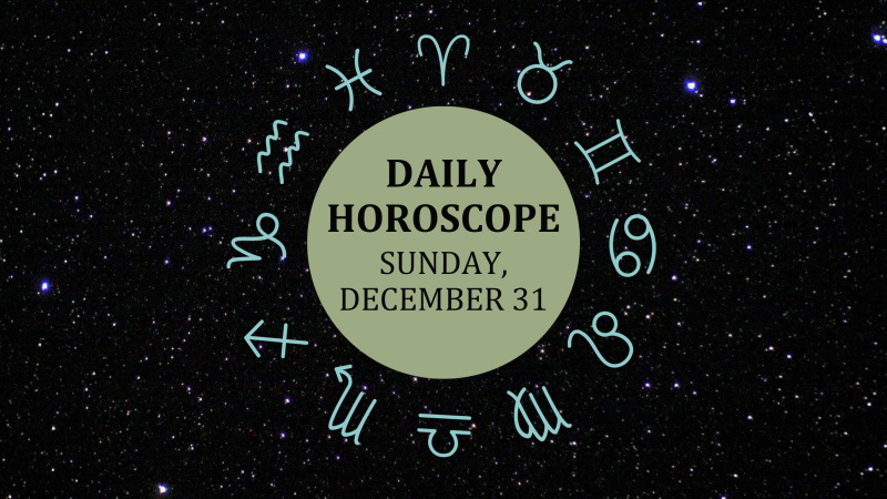 Zodiac wheel with text in the middle: "Daily Horoscope: Sunday, December 31"