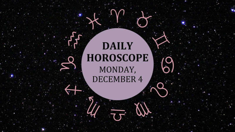 Zodiac wheel with text in the middle: "Daily Horoscope: Monday, December 4"