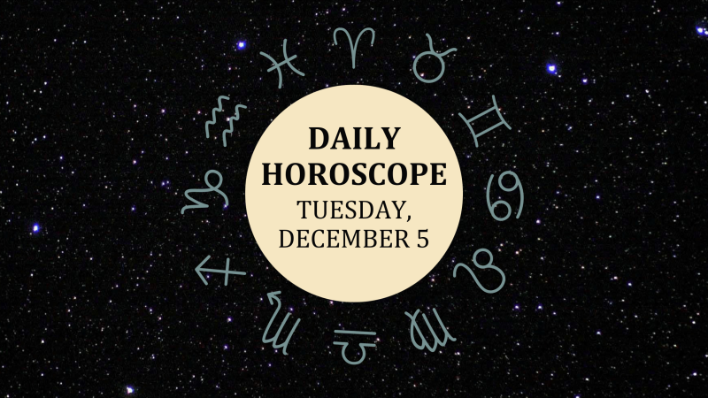 Zodiac wheel with text in the middle: "Daily Horoscope: Tuesday, December 5"