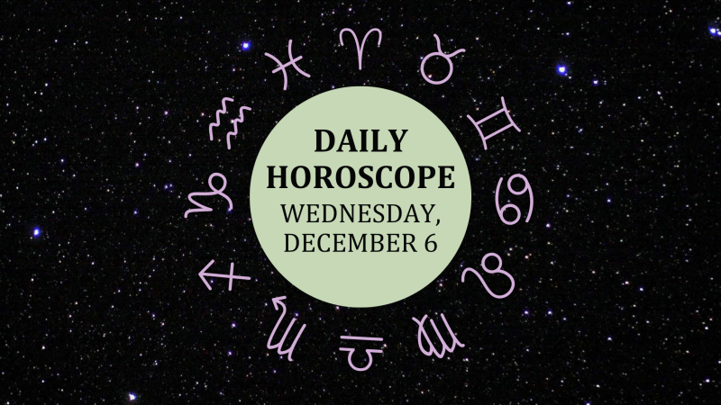 Zodiac wheel with text in the middle: "Daily Horoscope: Wednesday, December 6"