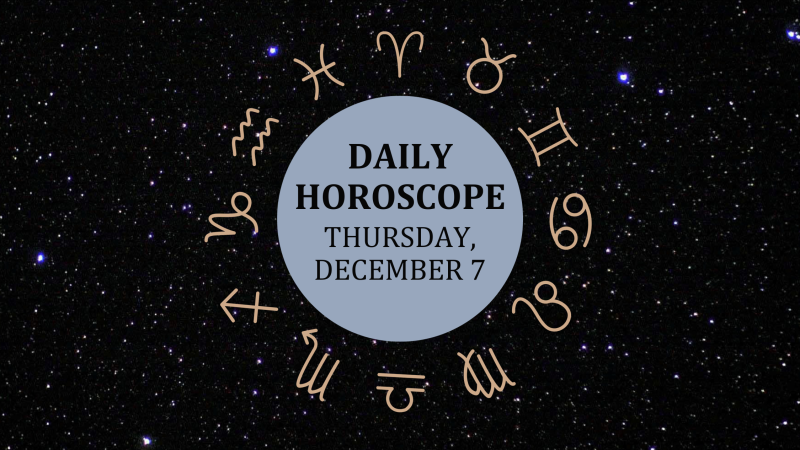 Zodiac wheel with text in the middle: "Daily Horoscope: Thursday, December 7"