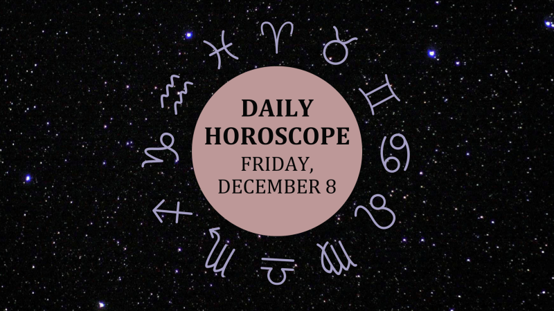 Zodiac wheel with text in the middle: "Daily Horoscope: Friday, December 8"