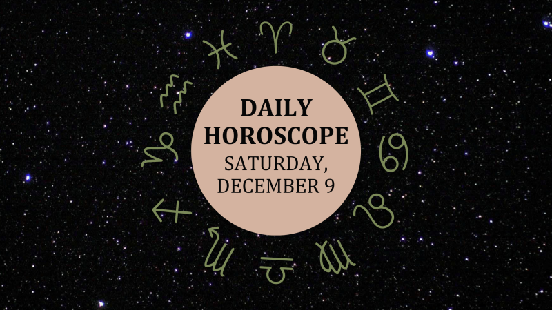 Zodiac wheel with text in the middle: "Daily Horoscope: Saturday, December 9"
