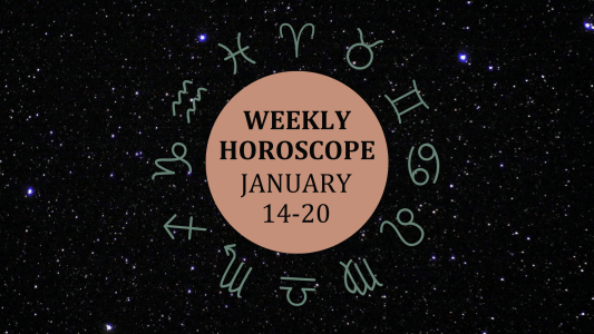 Zodiac wheel with text in the middle: "Weekly Horoscope: January 14-20"