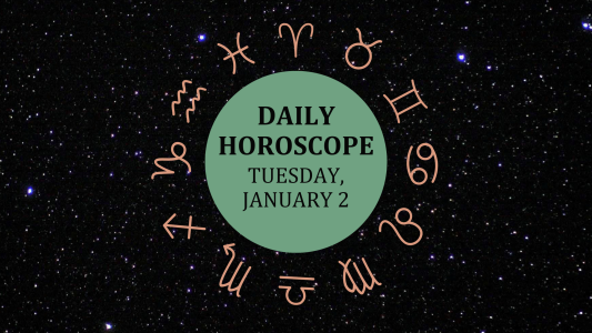 Zodiac wheel with text in the middle: "Daily Horoscope: Tuesday, January 2"