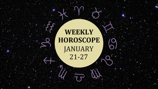 Zodiac wheel with text in the middle: "Weekly Horoscope: January 14-20"