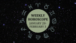 Zodiac wheel with text in the middle: "Weekly Horoscope: January 28-February 3"