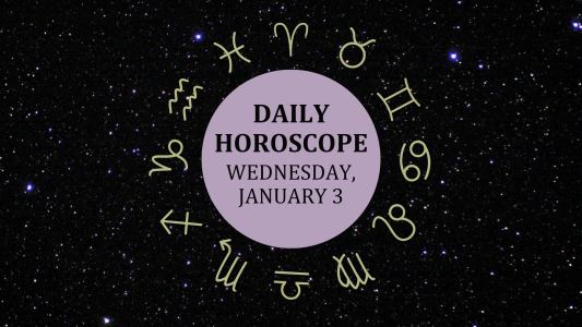 Zodiac wheel with text in the middle: "Daily Horoscope: Wednesday, January 3"