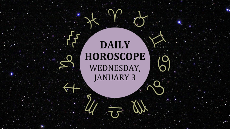 Zodiac wheel with text in the middle: "Daily Horoscope: Wednesday, January 3"