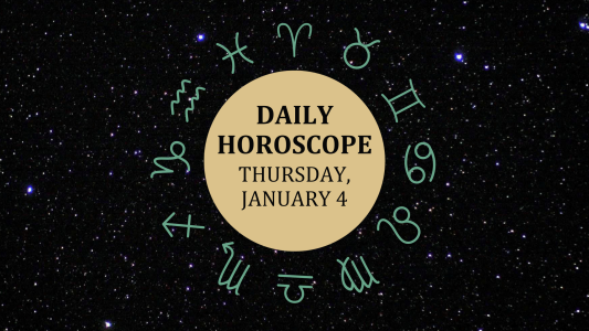 Zodiac wheel with text in the middle: "Daily Horoscope: Thursday, January 4"