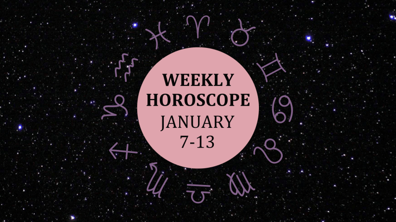 Zodiac wheel with text in the middle: "Weekly Horoscope: January 7-13"