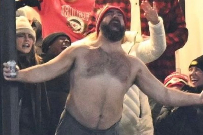 jason-kelce-jumps-in-crowd-slams-beers-shirtless-in-travis-kelce-touchdown-celebration-nfl-fans-go-wild
