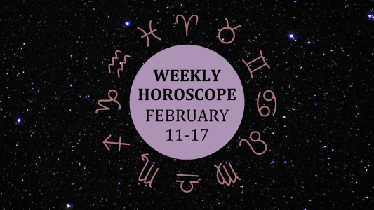 Zodiac wheel with text in the middle: "Weekly Horoscope: February 11-17"