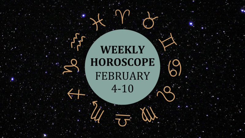 Zodiac wheel with text in the middle: "Weekly Horoscope: February 4-10"