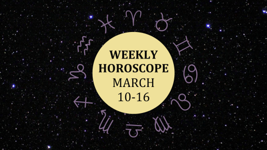 Zodiac wheel with text in the middle: "Weekly Horoscope: March 10-16"