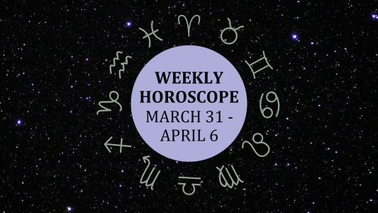 Zodiac wheel with text in the middle: "Weekly Horoscope: March 31-April 6"