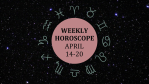 Zodiac wheel with text in the middle: "Weekly Horoscope: April 14-20"