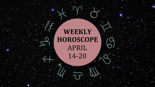 Zodiac wheel with text in the middle: "Weekly Horoscope: April 14-20"