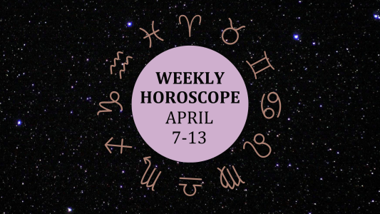 Zodiac wheel with text in the middle: "Weekly Horoscope: April 7-13"