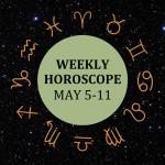 Zodiac wheel with text in the middle: "Weekly Horoscope: May 5-11"