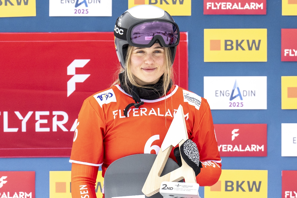 Sophie Hediger takes 2nd place during the FIS Snowboard Cross World Cup Men's and Women's Snowboard Cross on January 26, 2024 in St Moritz, Switzerland. (Photo by Millo Moravski/Agence Zoom/Getty Images)