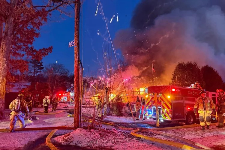 A house fire in Spencer, Massachusetts destroys two homes. (photo: Oakham Fire Department)