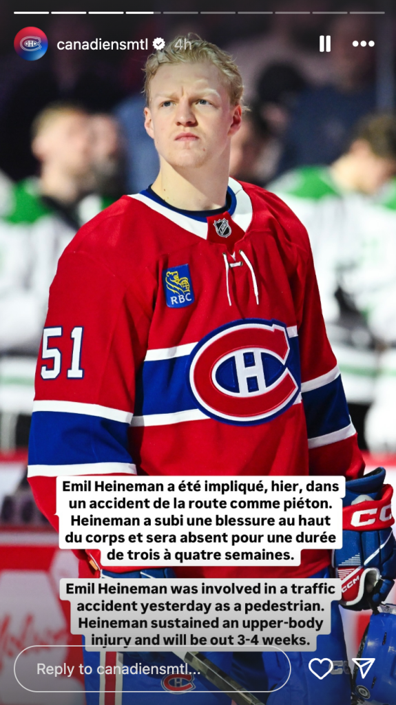 The Montreal Canadiens Instagram Story announcing Emil Heineman's injury. (photo: @canadiensmtl / Instagram)