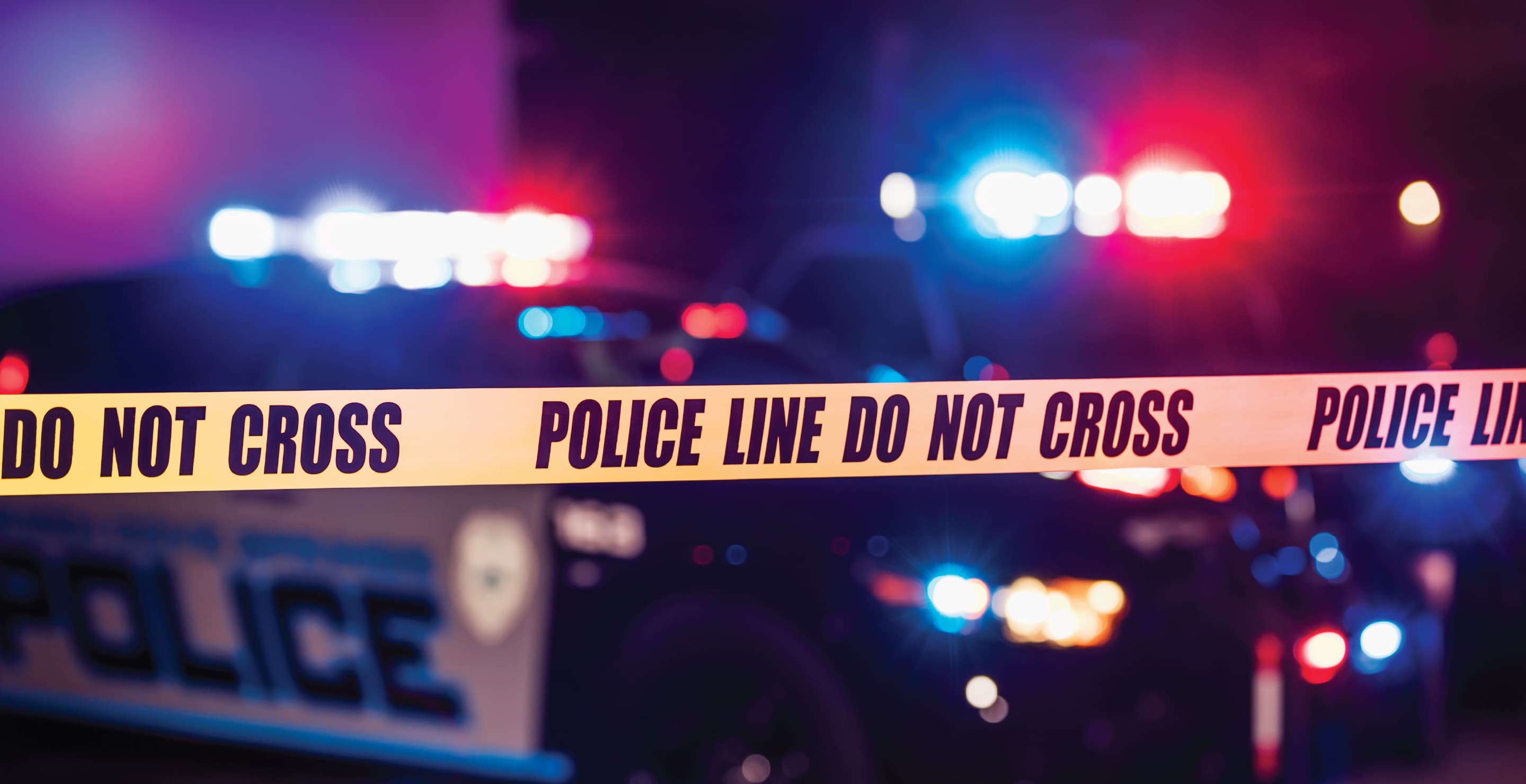 Crime Scene Tape, Police Cars Flashing Lights