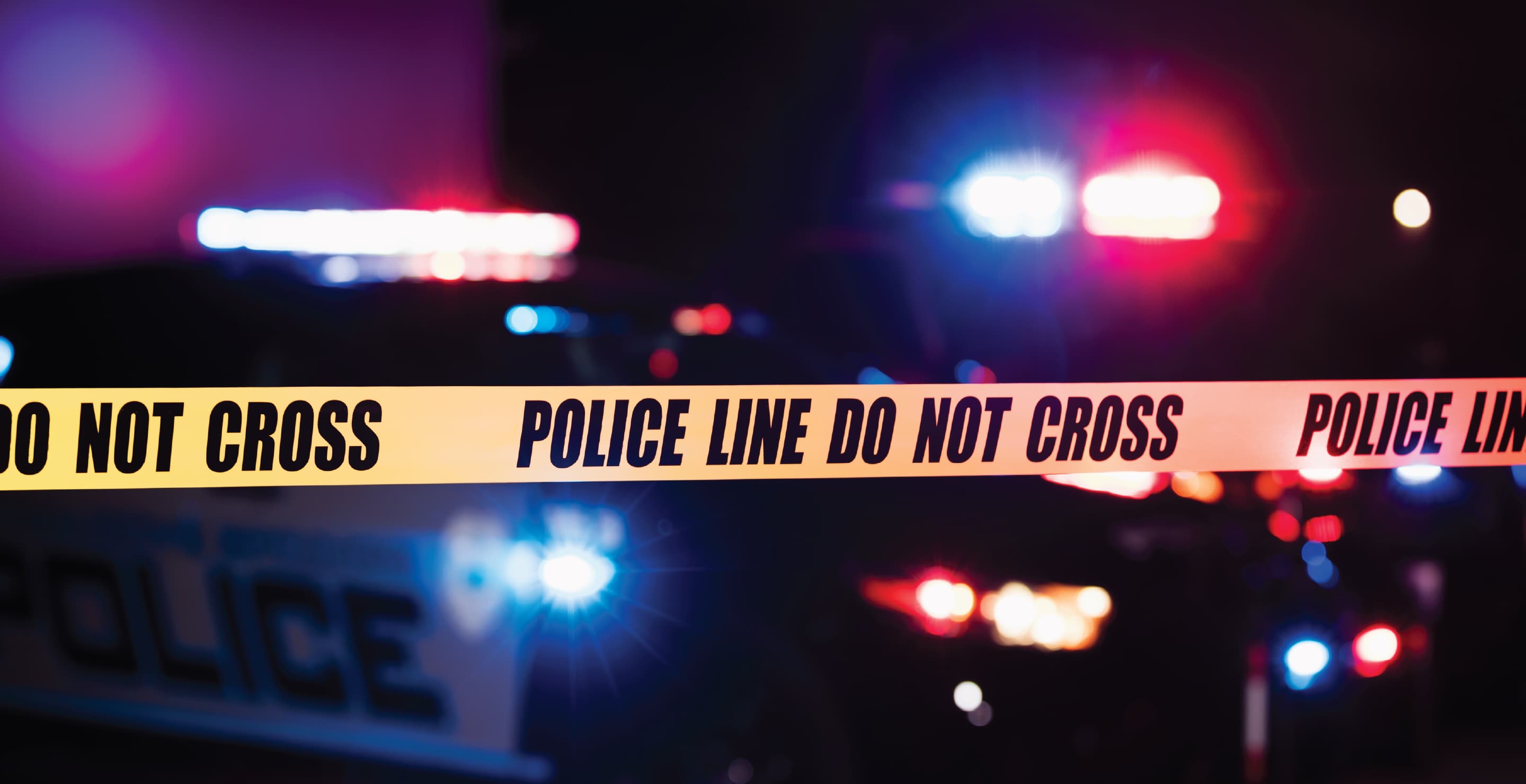 Police Patrol Cars Flashing Red And Blue Lights, Yellow Tape